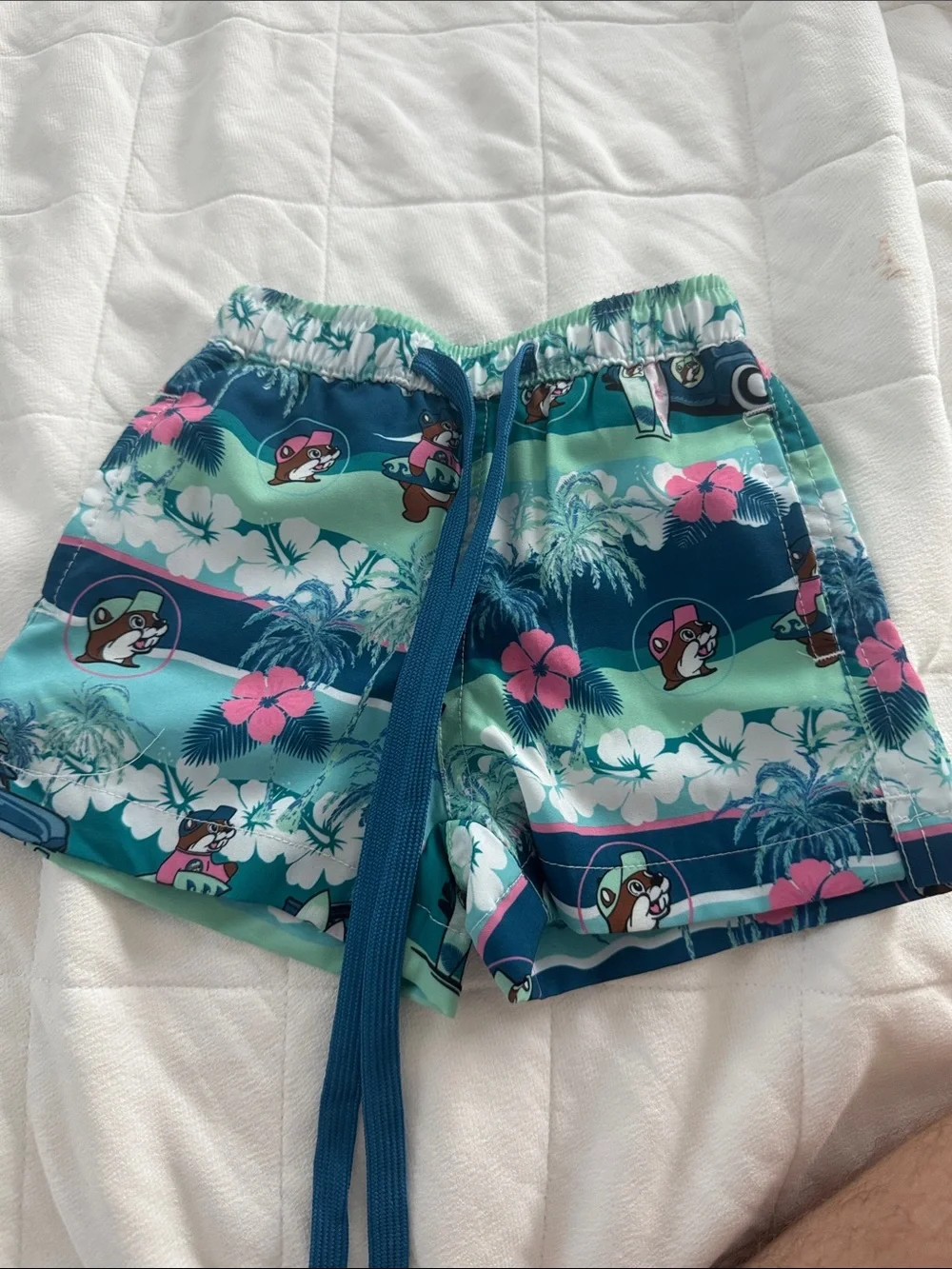 Buckeys Kids Teal & Blue Tropical Swim Shorts with Pink Accents